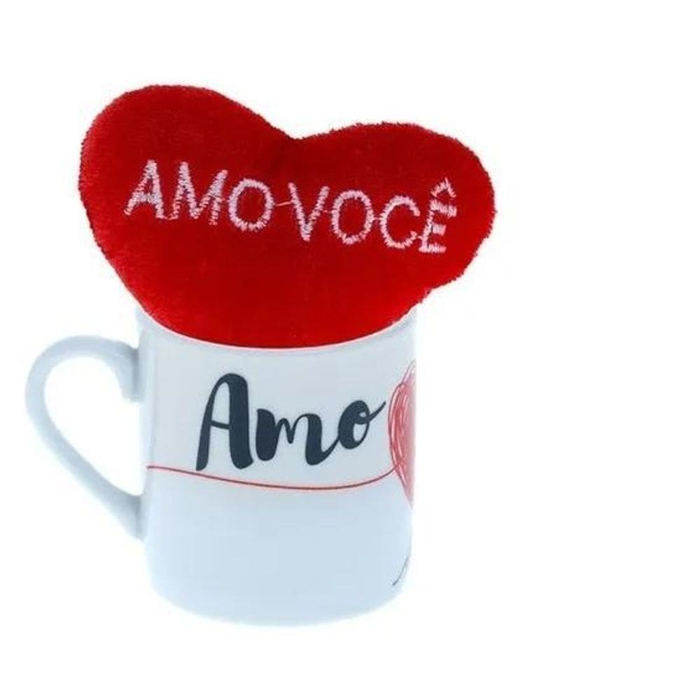 Mini caneca cerâmica com coração de pelúcia - art house