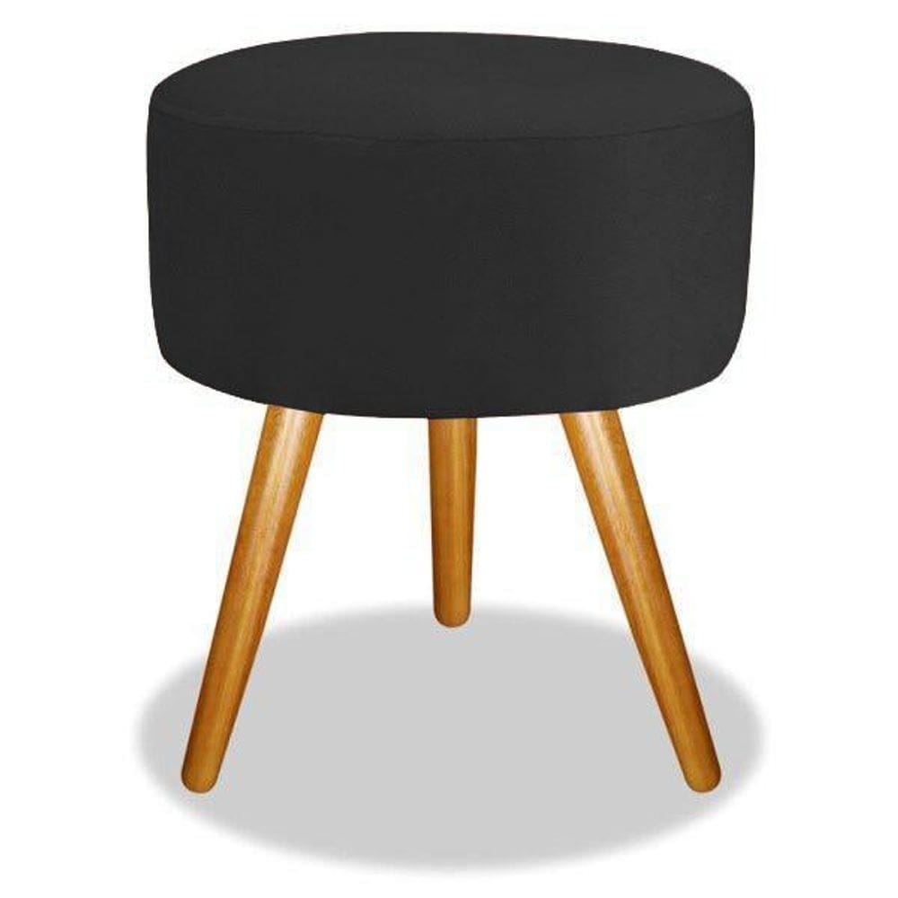 Puff banqueta magnus redondo preto pés castanho top