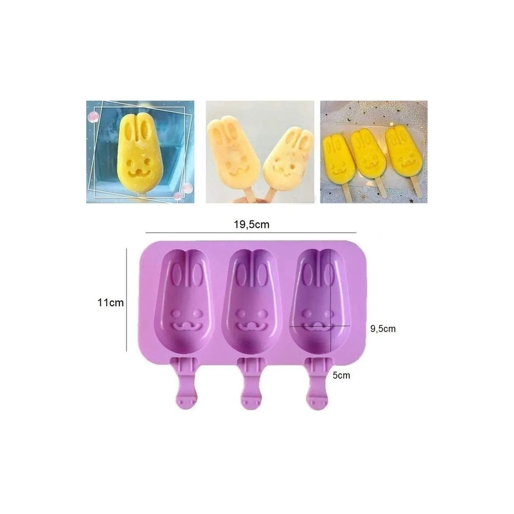 Molde de sorvete em forma de coelho de silicone com tampa e 3 cavidades