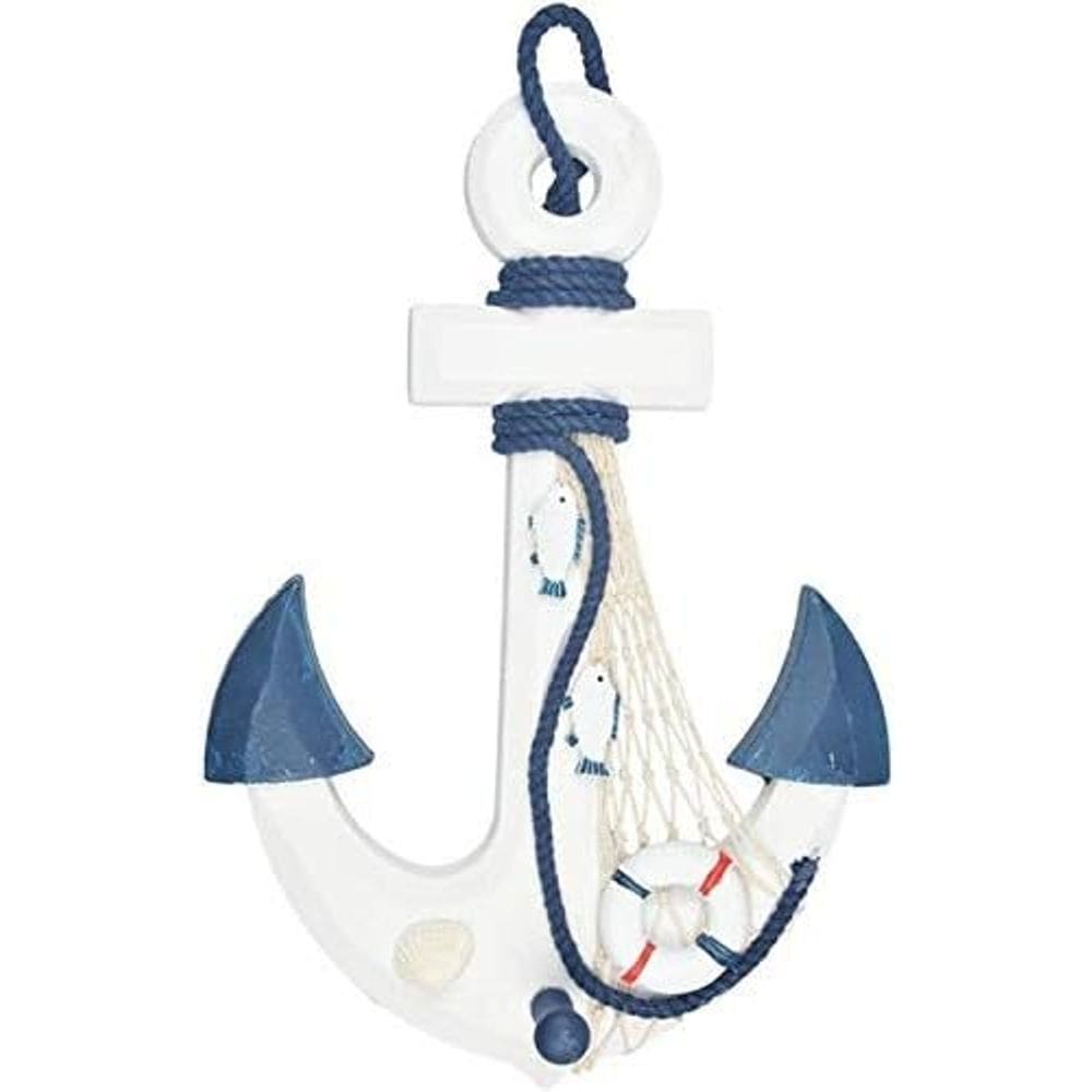 Ancora Decorativa Náutica Branco e Azul Marinha 33cm