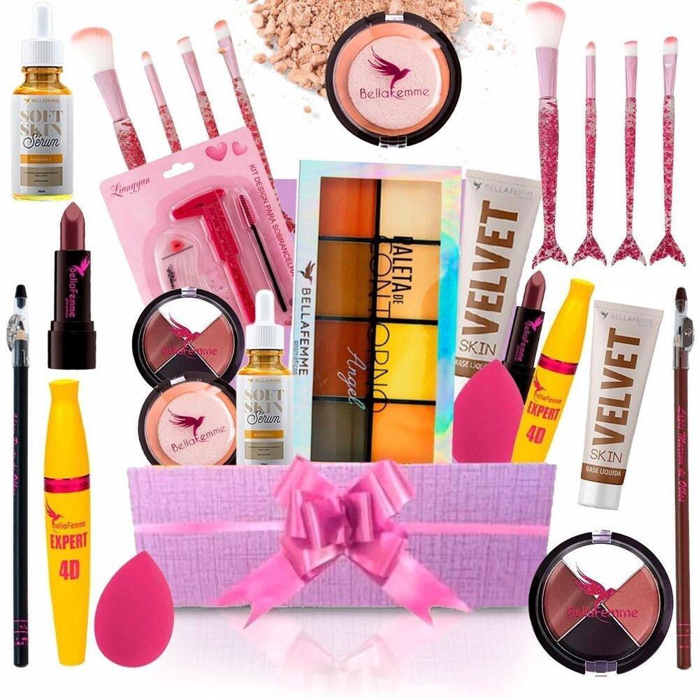 Combo pincel sombra base pó batom rímel bella femme