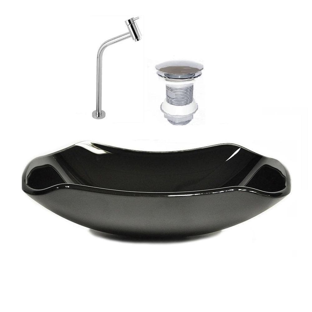 Cuba de vidro abaulada 51cm preto + valvula + torneira