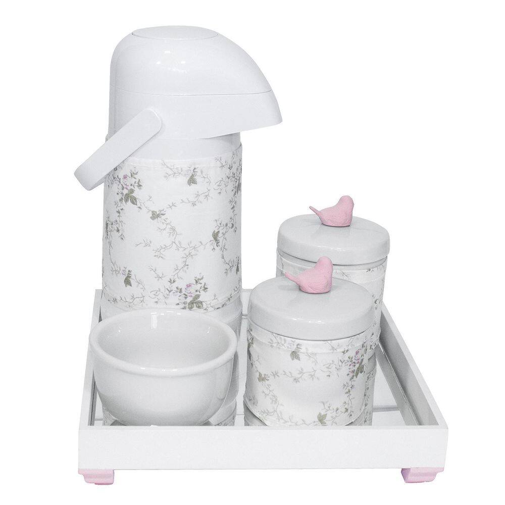 Kit higiene espelho potes garrafa capa passarinho rosa