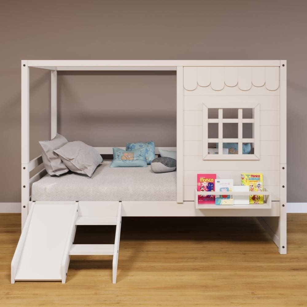 Cama Casinha Reta com Escorregador Madeira Maciça Branco Housin