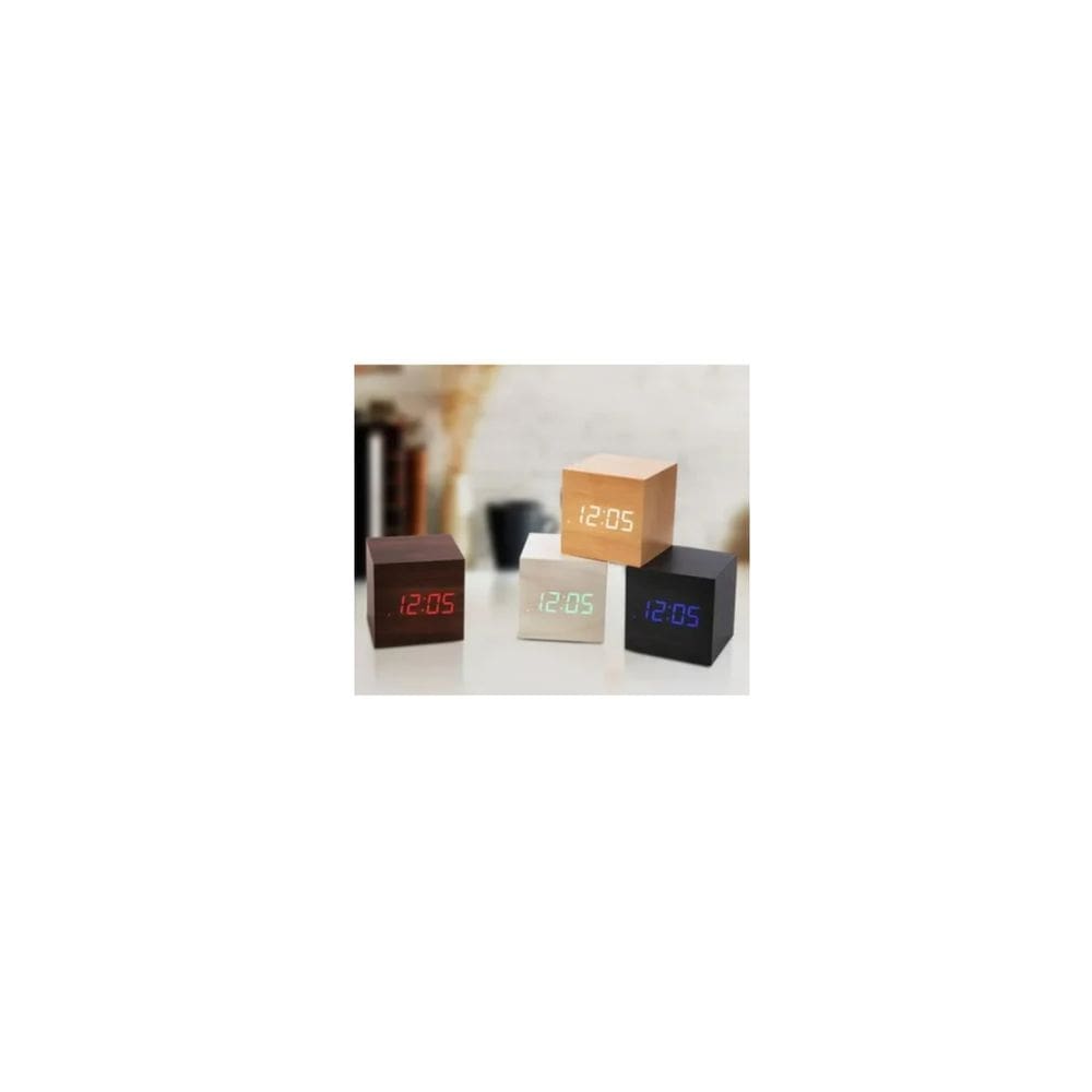 Despertador digital, cubo de madeira, luz LED com temperatura