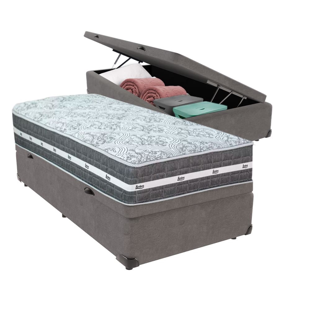 Cama Box com Baú Cinza e Colchão Solteiro Black Grafit Anjos