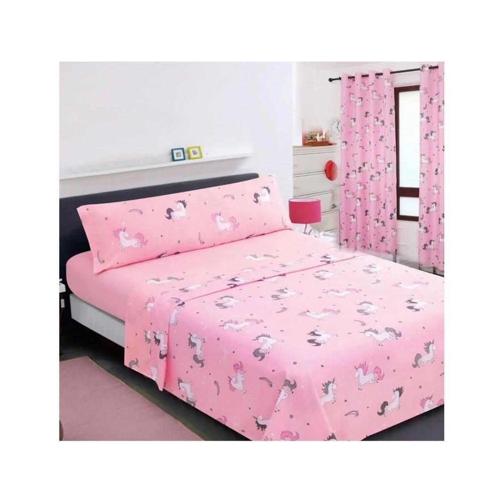 Conjunto de cortinas e conjunto de lençóis 1.5 Unicorn para quarto infantil