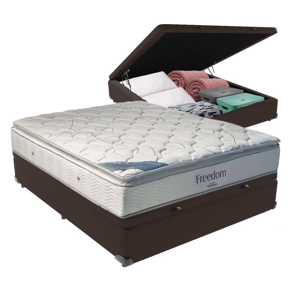 Cama Box com Baú Casal Marrom e Colchão Freedom Ortobom D33