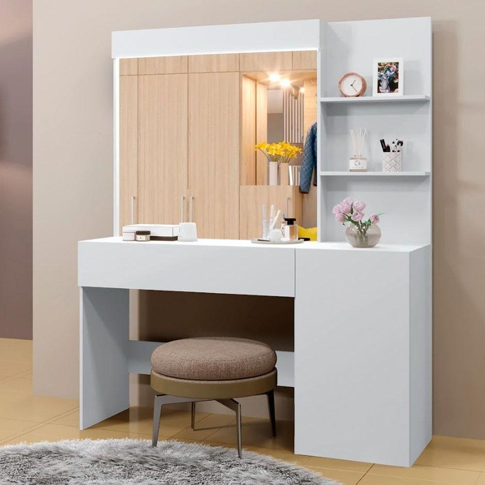 Penteadeira Camarim Londres Com Espelho 1 Gaveta 1 Porta Mavaular Branco Bivolt