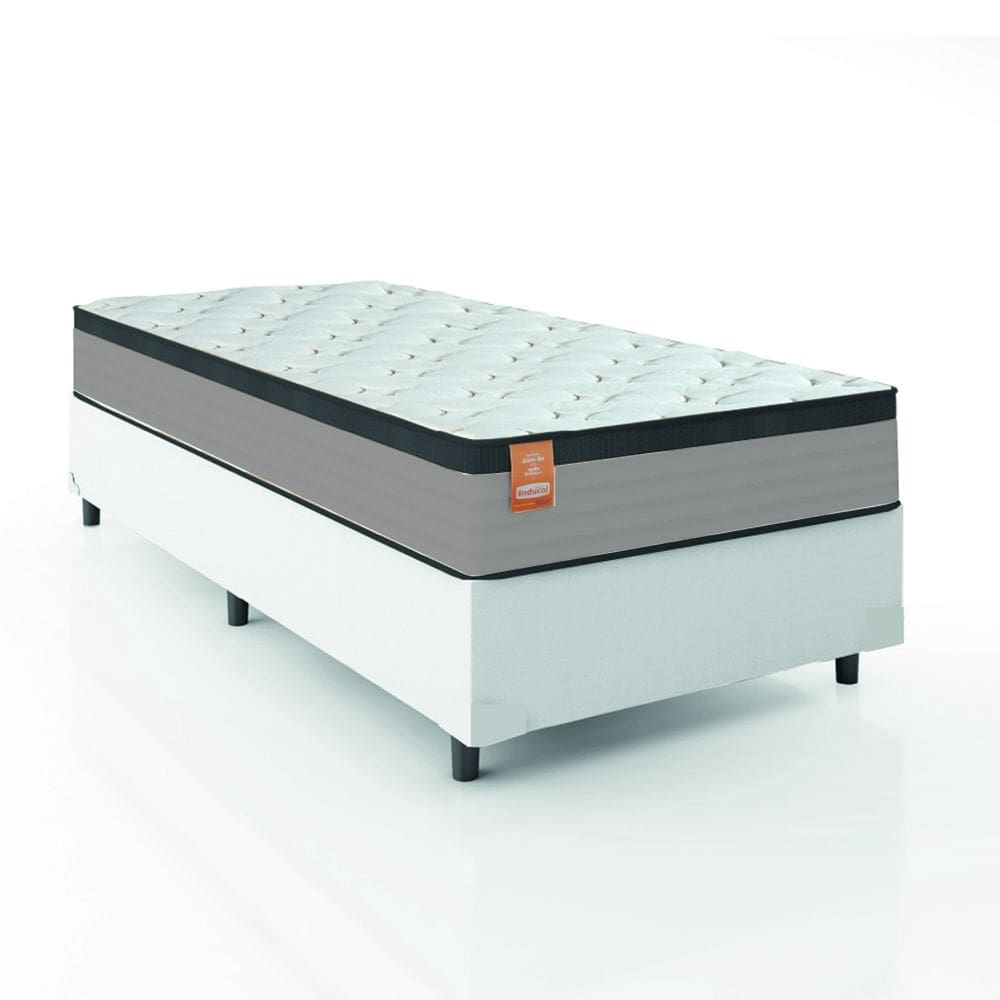 Cama Box Colchão Solteiro Molas Ensacadas Real 88x188x65cm Linho Branco / Preto Inducol - Suporta até 130kg por Pessoa