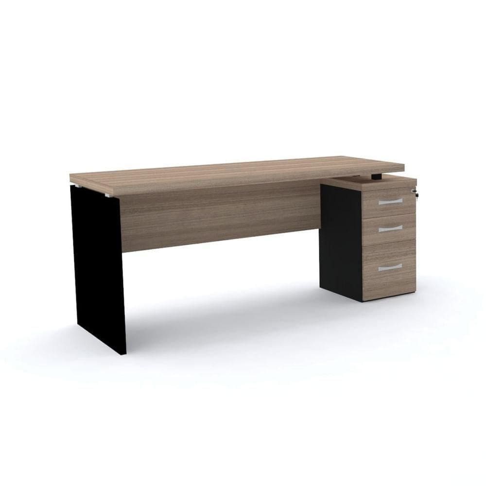 Mesa Pé Painel Com Gaveteiro 3 Gavetas Pe40 Em Mdp 164 X 60 Cm Noce Naturalle Base Preta