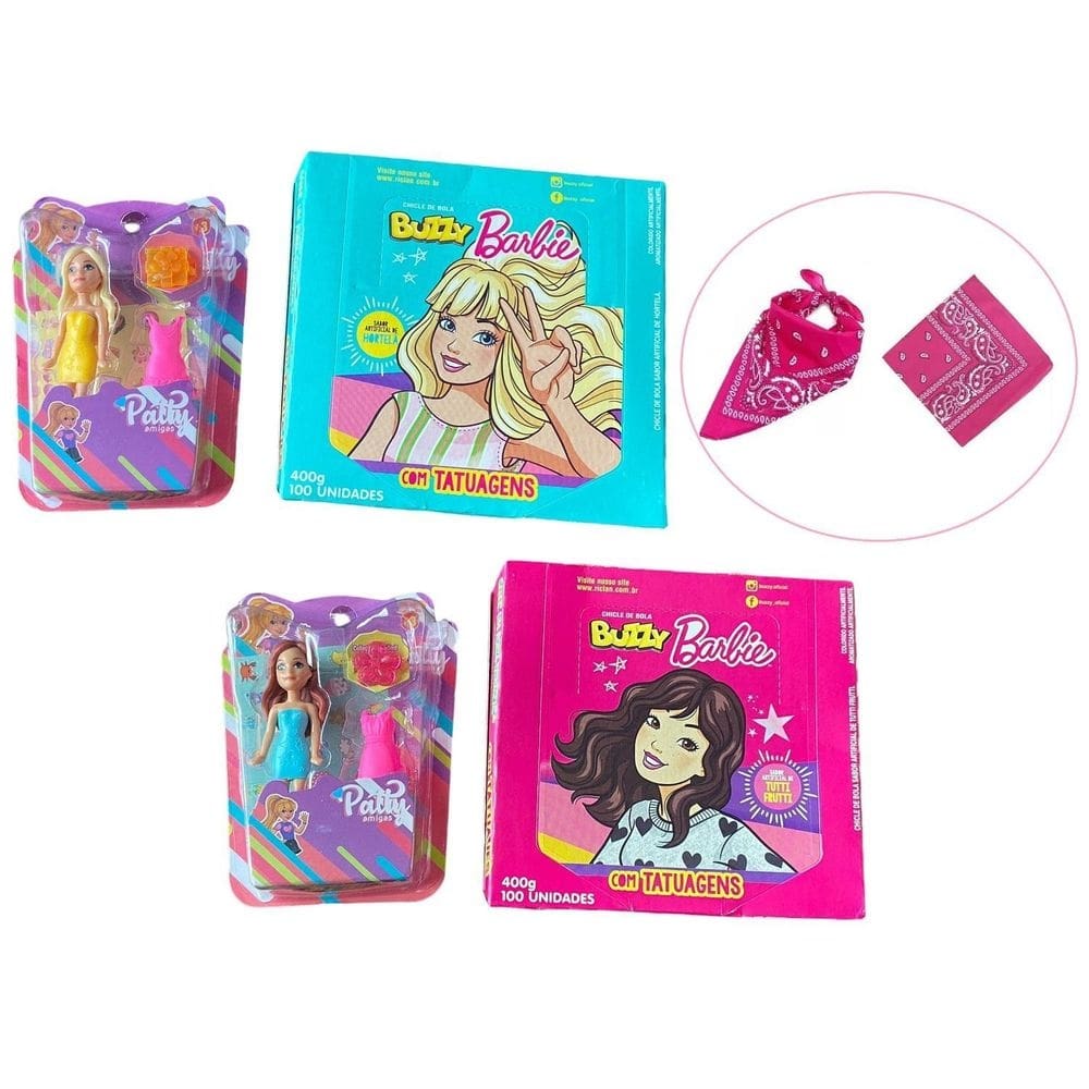 Kit 2 bonecas patty, lenço rosa+ 2 caixas com 100 un chiclete