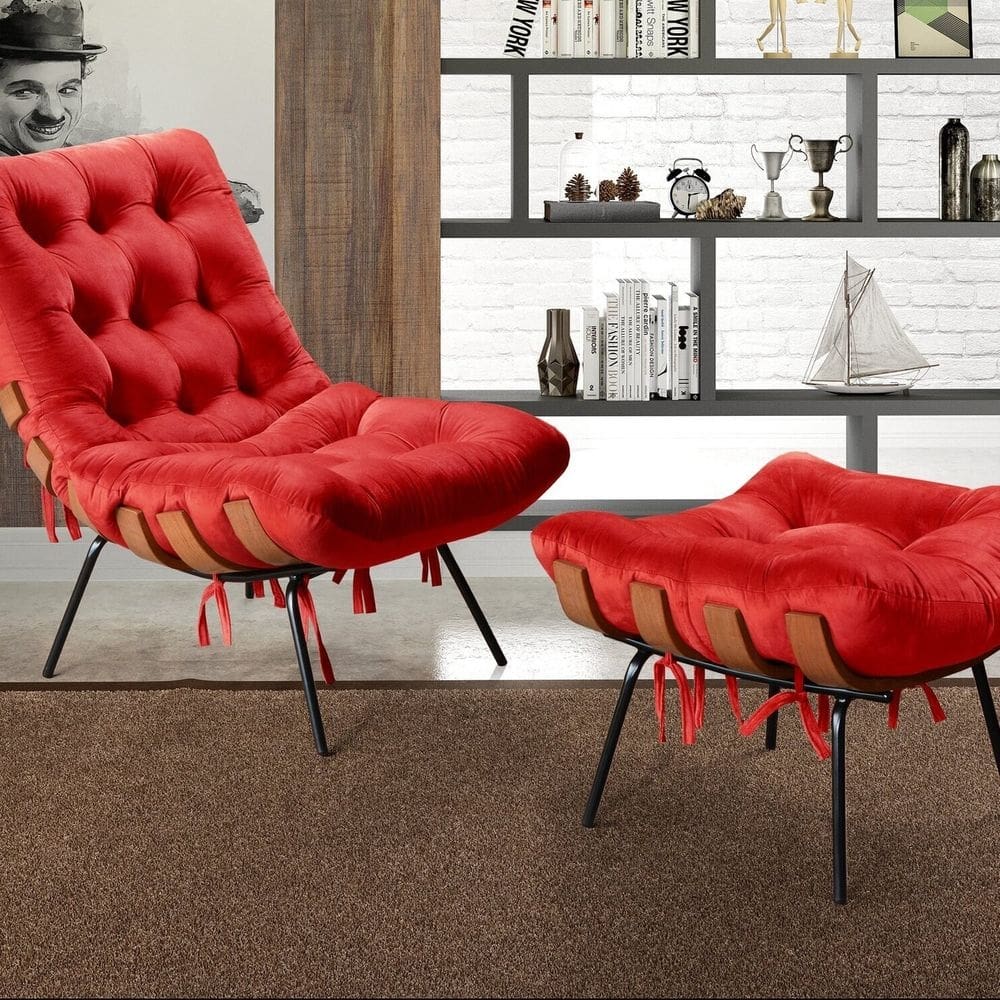 Poltrona Costela com Puff Base Fixa para Sala, Quarto Vermelho