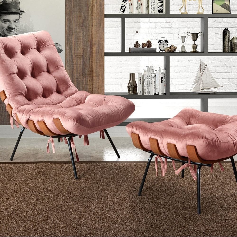 Poltrona Costela com Puff Base Fixa para Sala, Quarto Rose