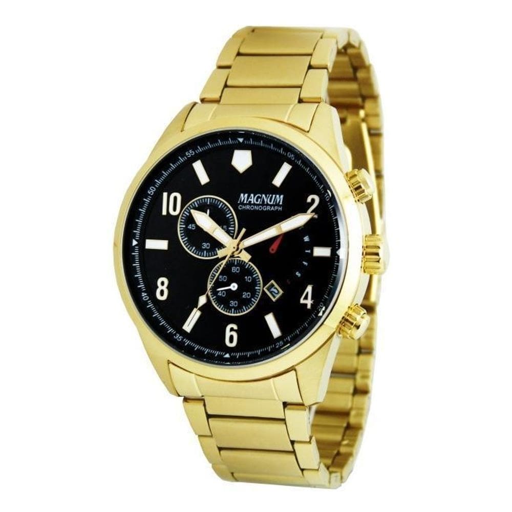 Relógio magnum masculino cronógrafo dourado 10 atm 43mm