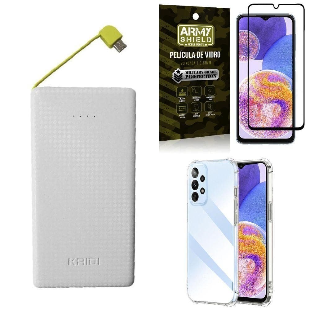 Kit capinha a23 4g + carregador portátil 10k + película 3d