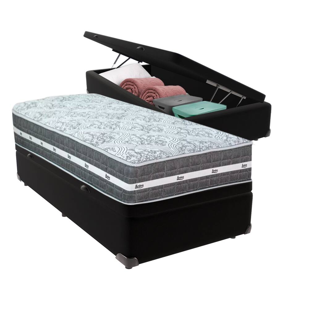 Cama Box com Baú Preto e Colchão Solteiro Black Grafit Anjos