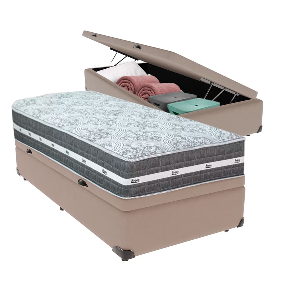 Cama Box com Baú Bege e Colchão Solteiro Black Grafit Anjos