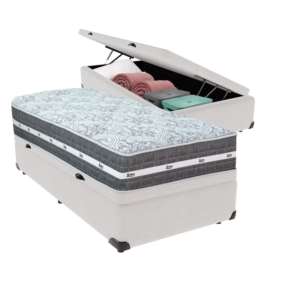 Cama Box com Baú Branco Colchão Solteiro Black Grafit Anjos