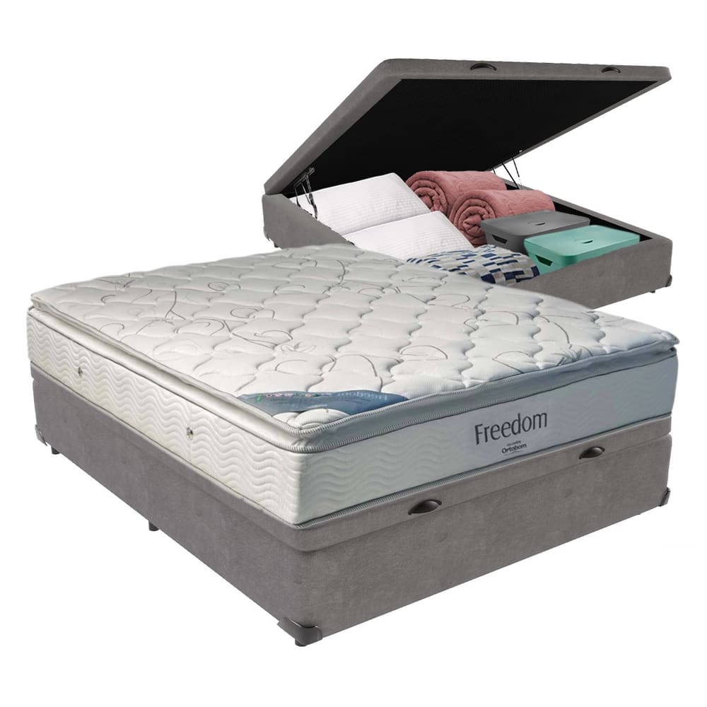 Freedom Casal Ortobom Viscoelástico D33 Box Baú Cinza
