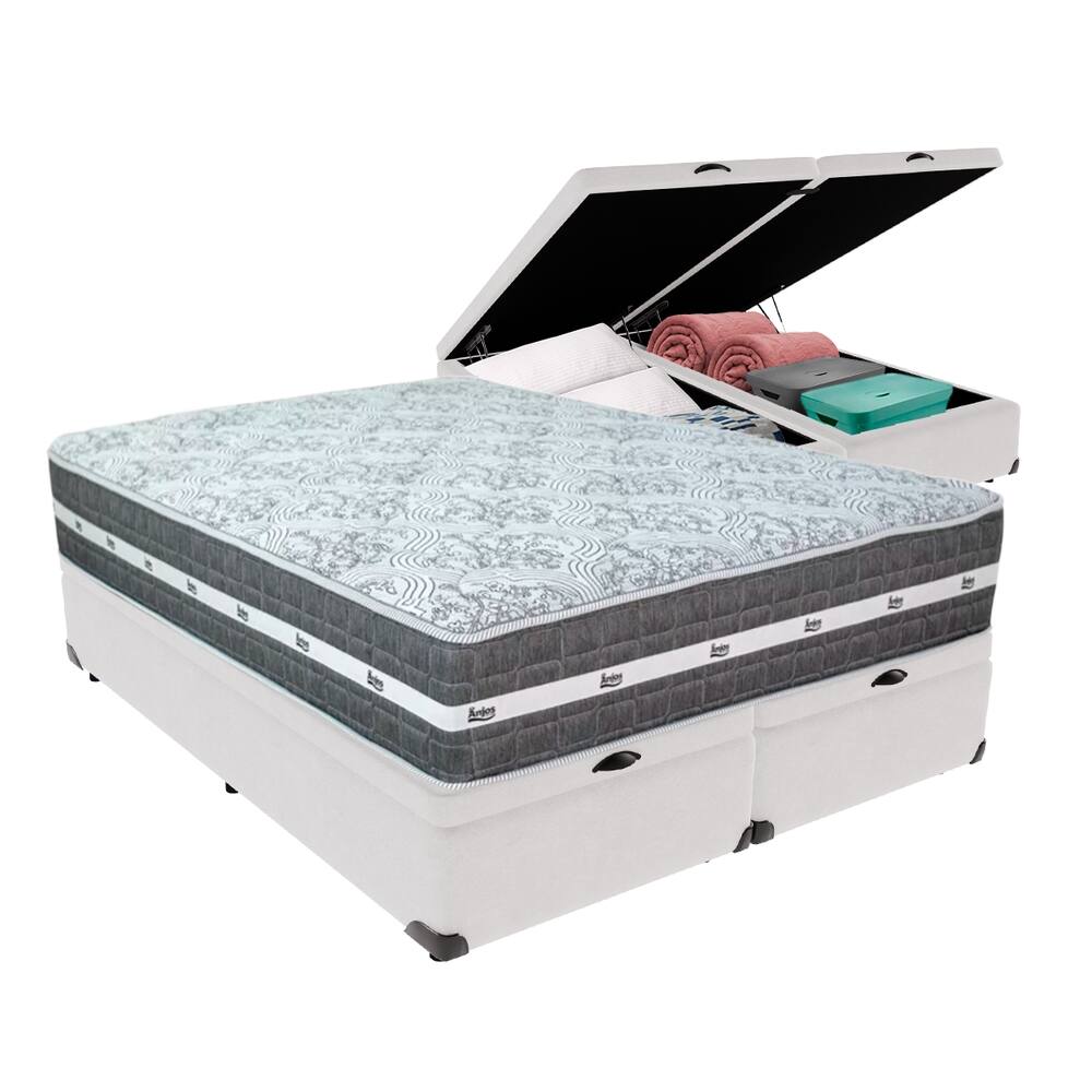 Cama Box com Baú Branco e Colchão Queen Black Grafit Anjos
