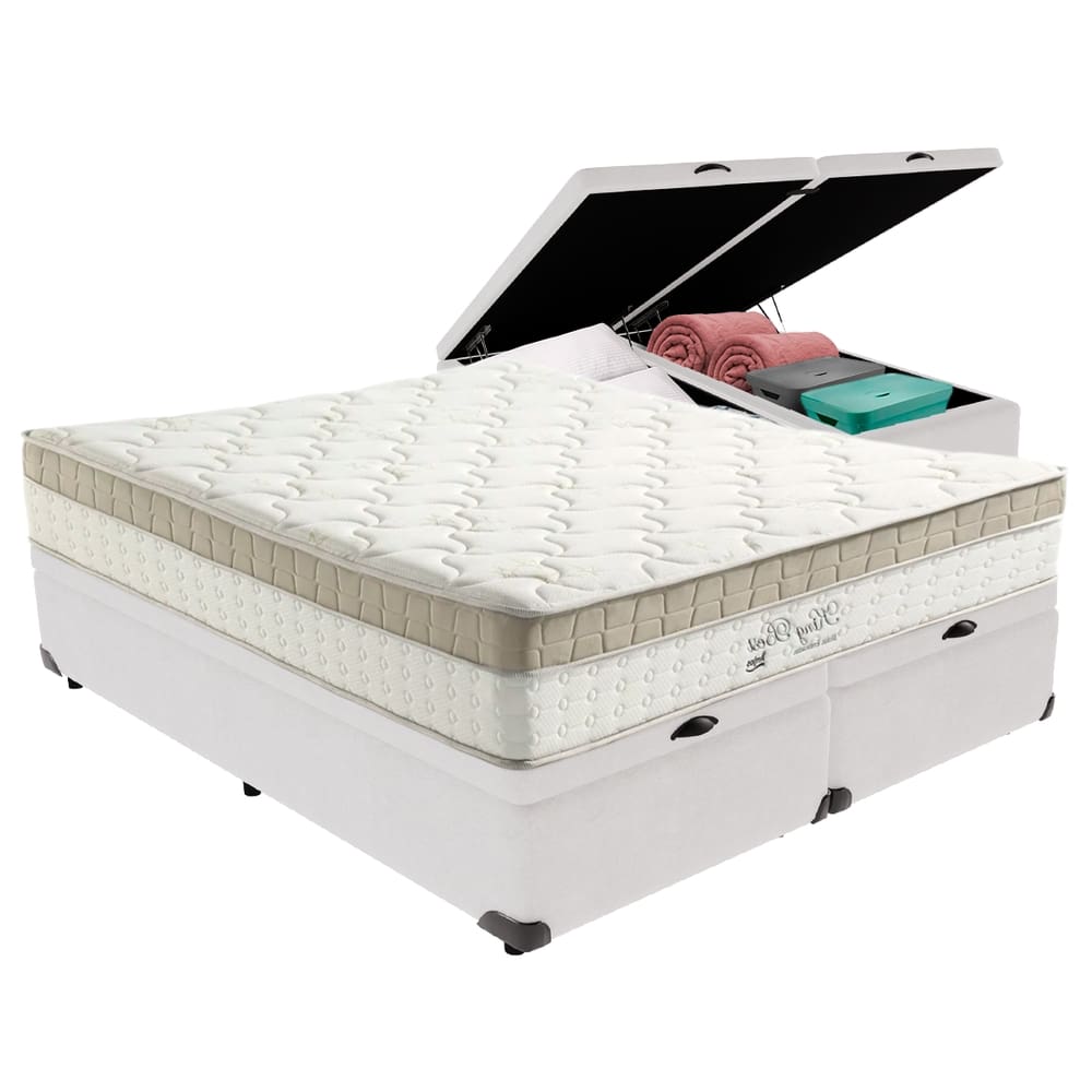 Cama Box com Baú Branco e Colchão Queen King Best Anjos