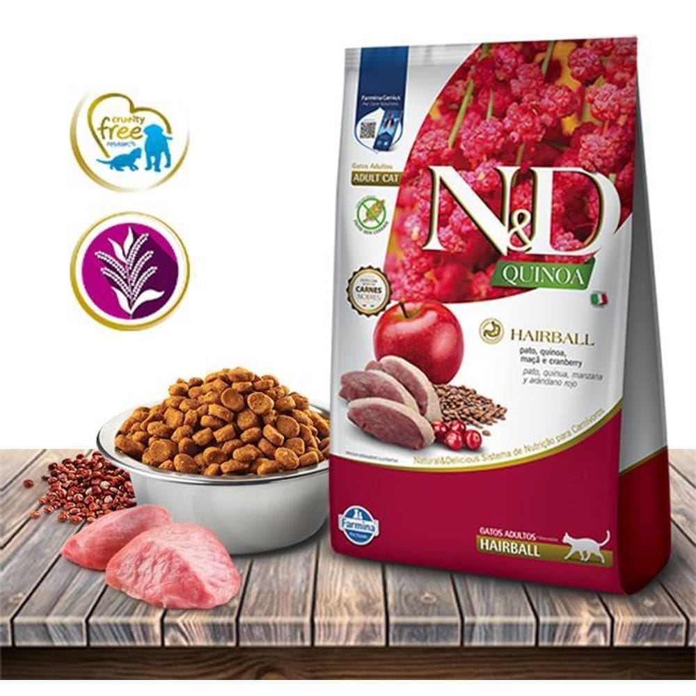 Ração Seca Farmina Nd Quinoa Feline Hairball Pato, Maçã E