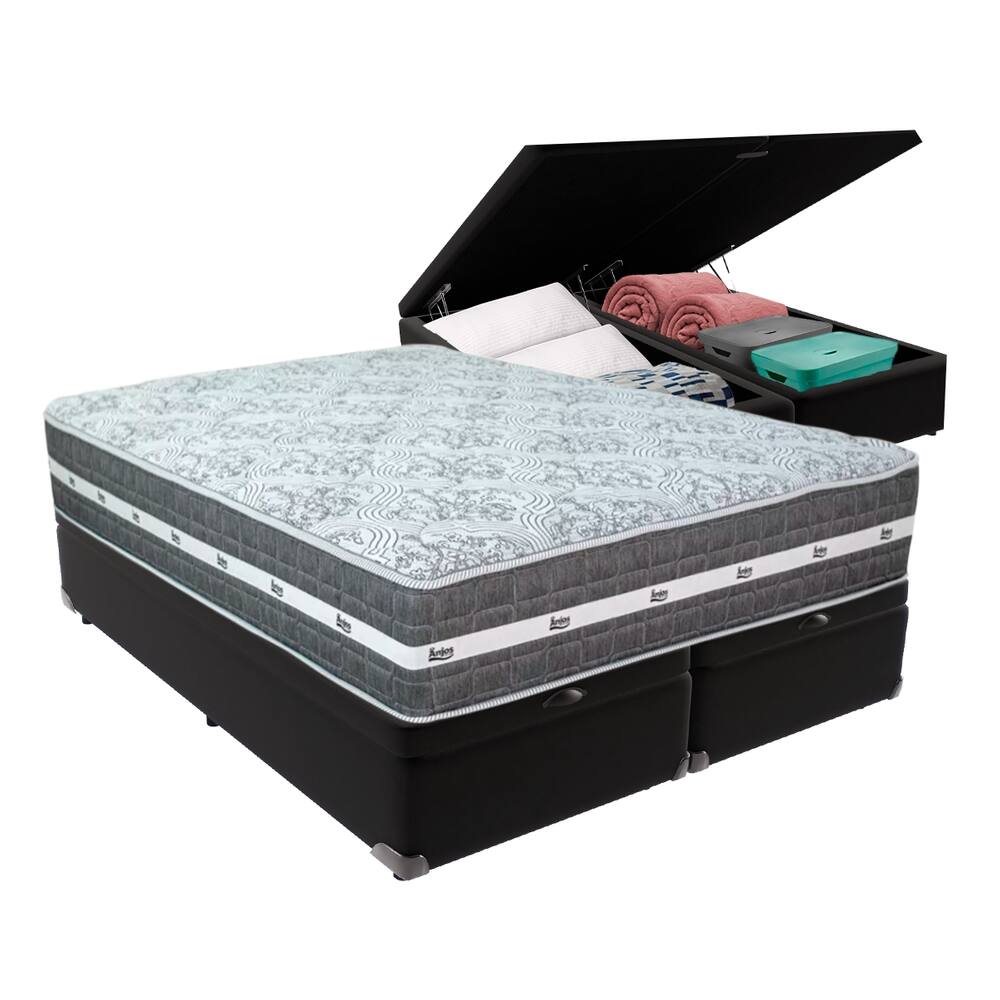Cama Box com Baú Preto e Colchão Queen Black Grafit Anjos