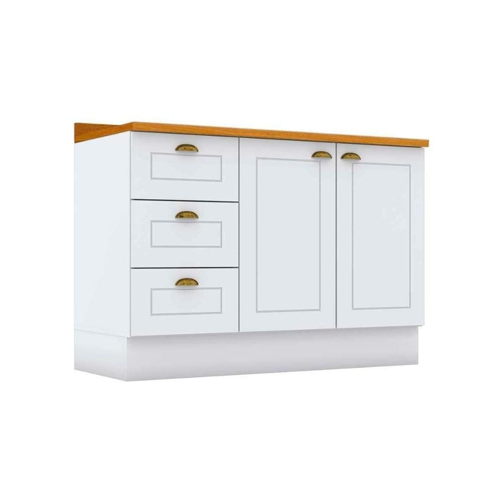 Balcão de Cozinha Americana p/ Pia 3 Gavetas e 2 Portas c/Tampo 120cm Branco - Henn