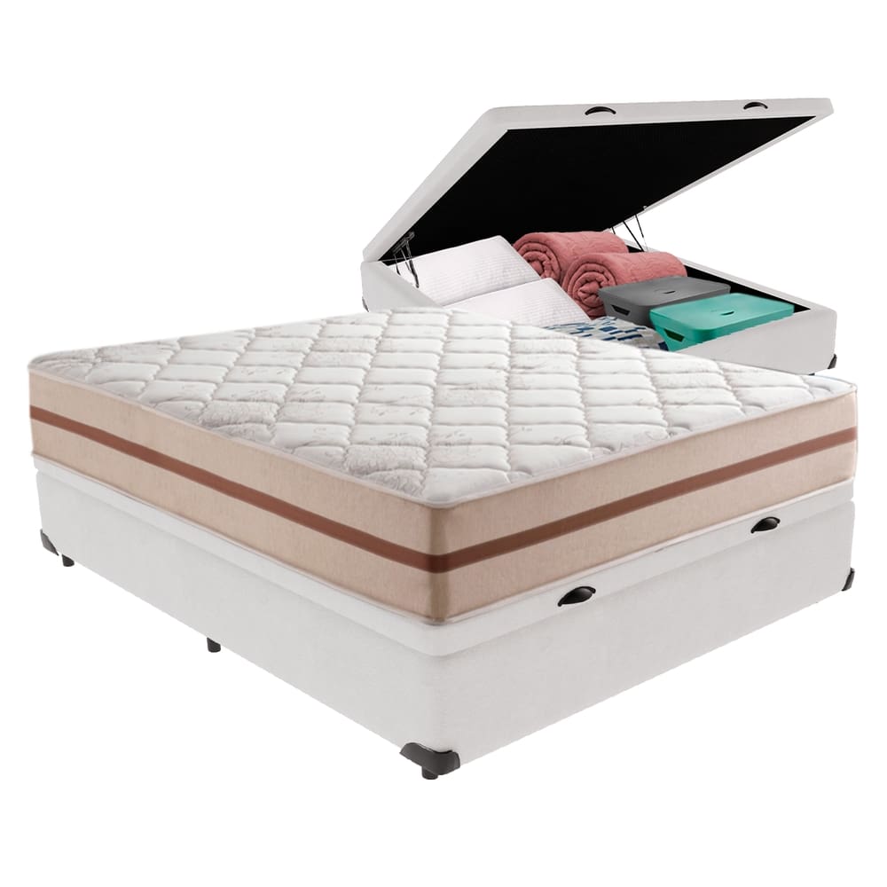Cama Box com Baú Branco e Colchão Casal Classic Anjos