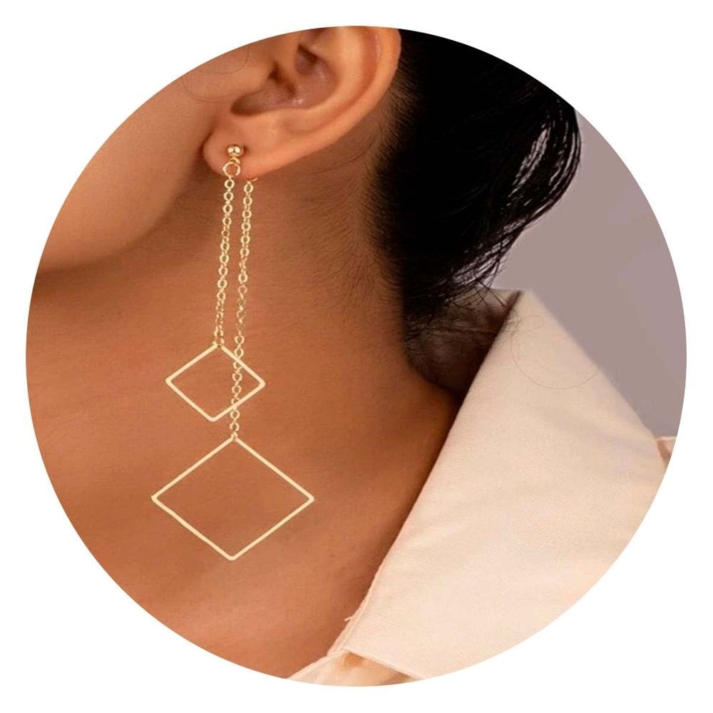 Brinco Longo Corrente Quadrado Feminino Dourado Elegante