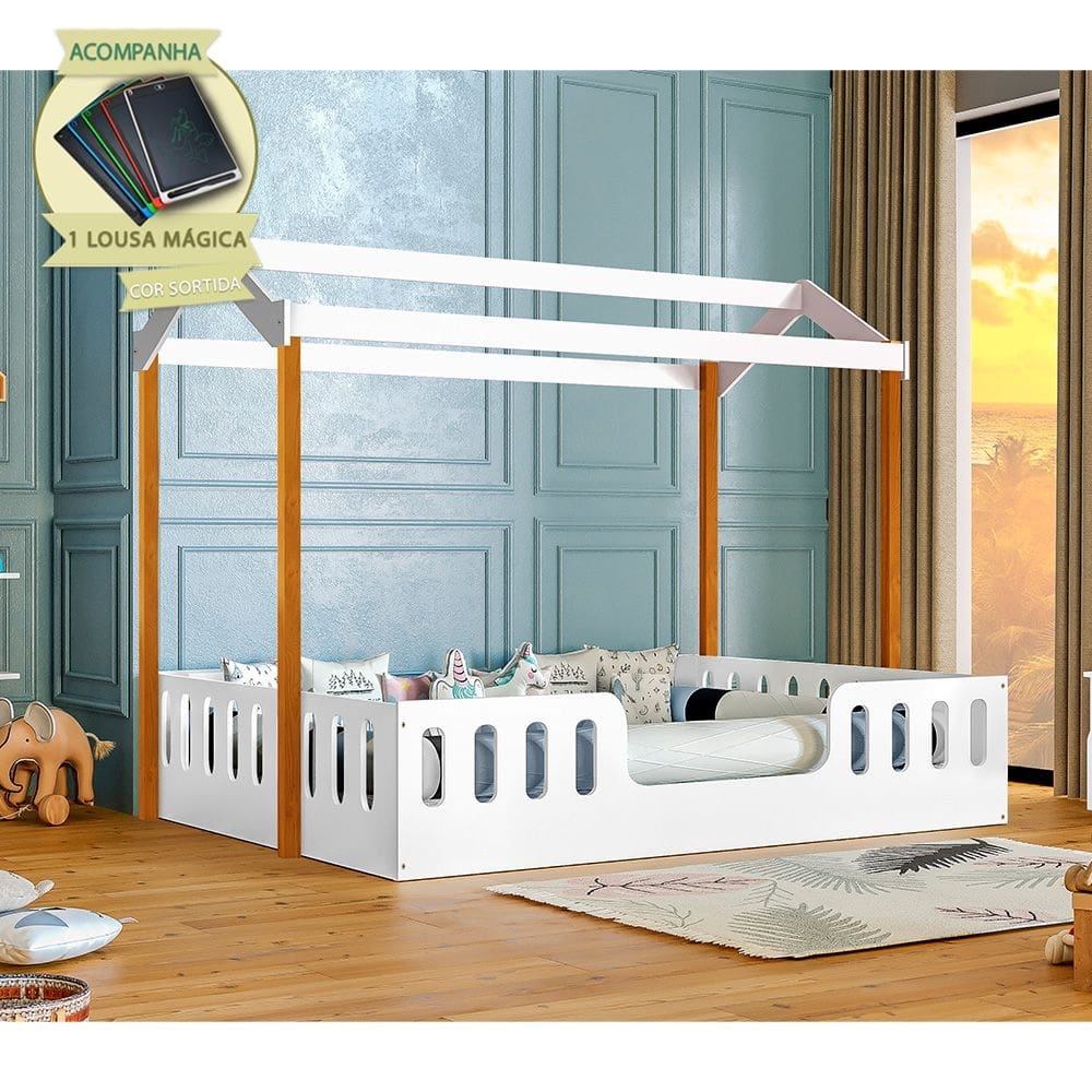 Cama Casal Infantil Casinha Montessoriana Ágatha - Branco/Castanho Claro Incluso Lousa Mágica