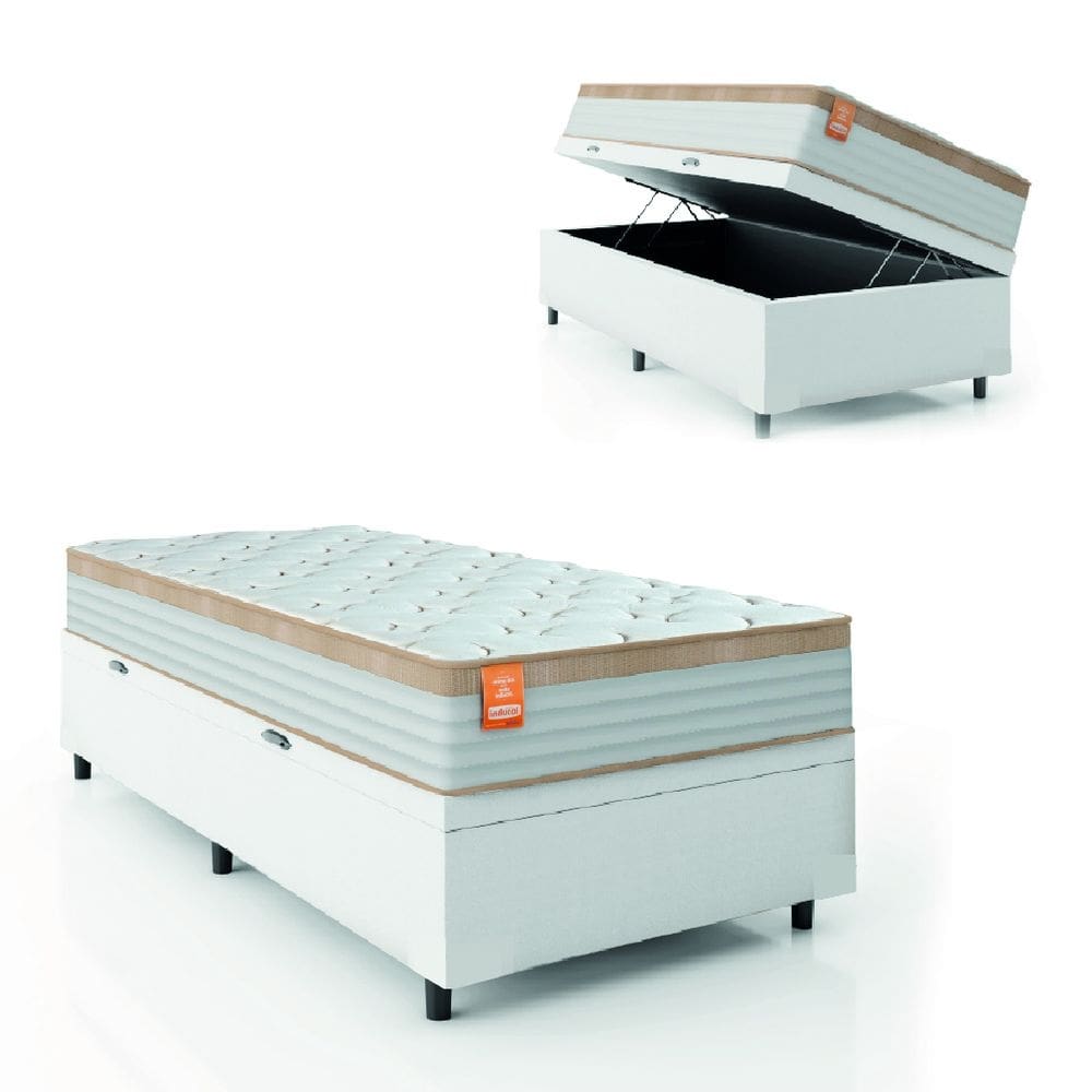 Cama Box Baú Colchão Solteiro Molas Ensacadas Real 88x188x68cm Linho Branco / Bege Inducol - Suporta até 130kg por Pessoa