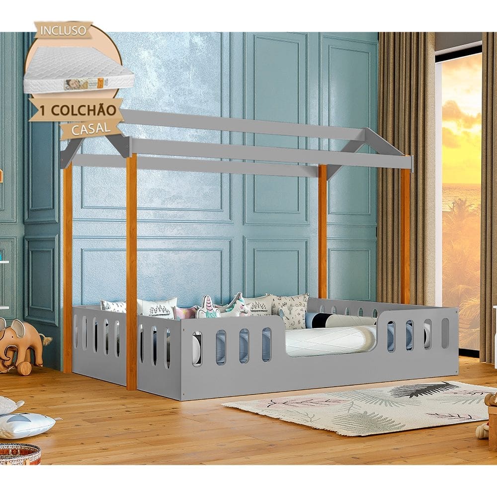 Cama Infantil Com Colchão Casal Casinha Segura Montessoriana Ágatha Cinza E Castanho Claro