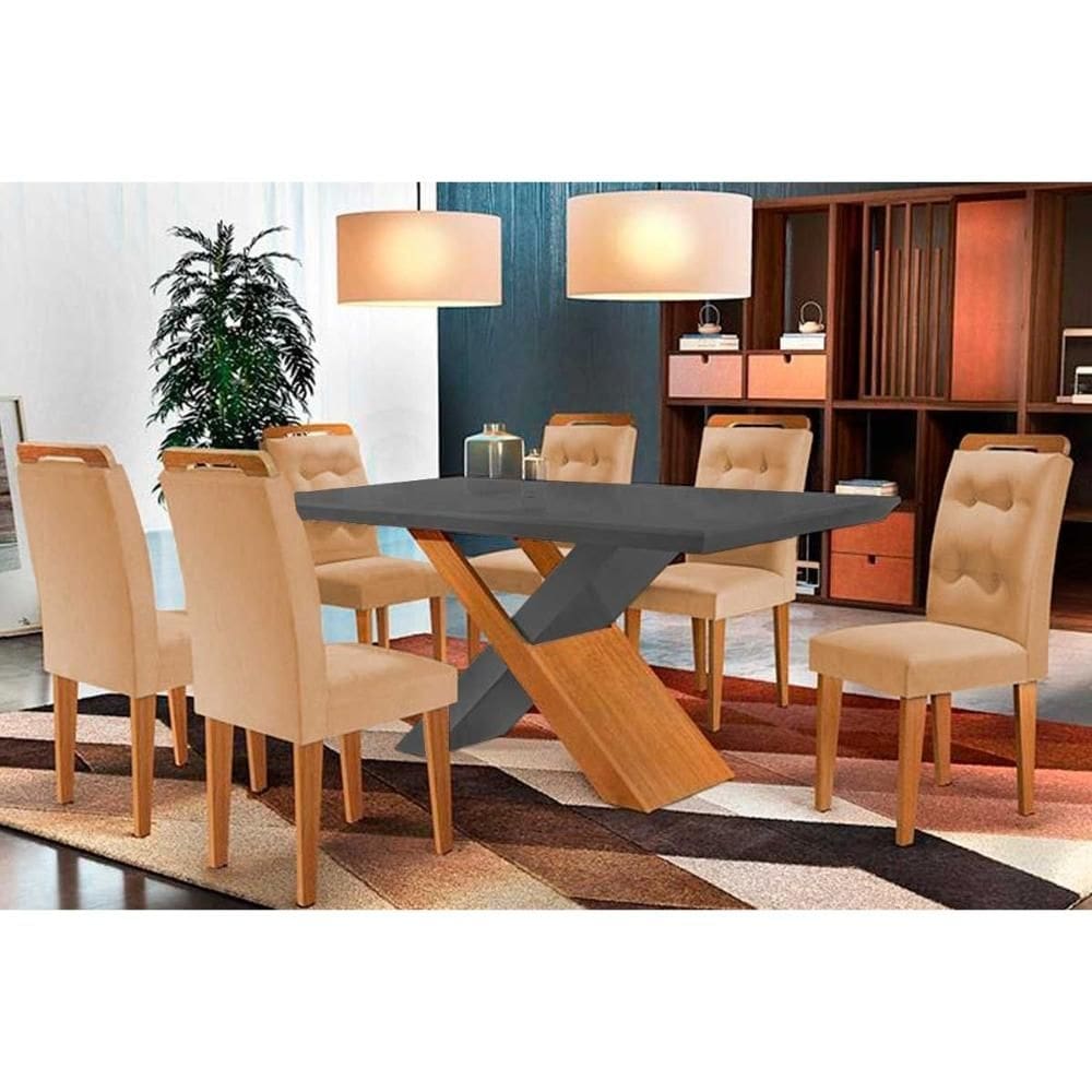 Sala de Jantar Completa Imperatriz Tampo Madeirado c/ Vidro Curvo 180x90 e 6 Cadeiras Imperatriz Imbuia/Veludo Capuccino - Rufato