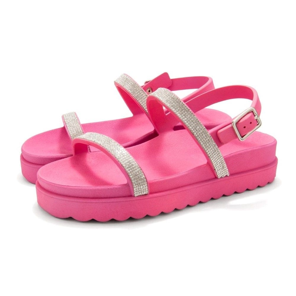 Sandalia Papete de Strass Flatform Feminina Rasteirinha Tratorada Com Fivela Moderna Palmilha Macia