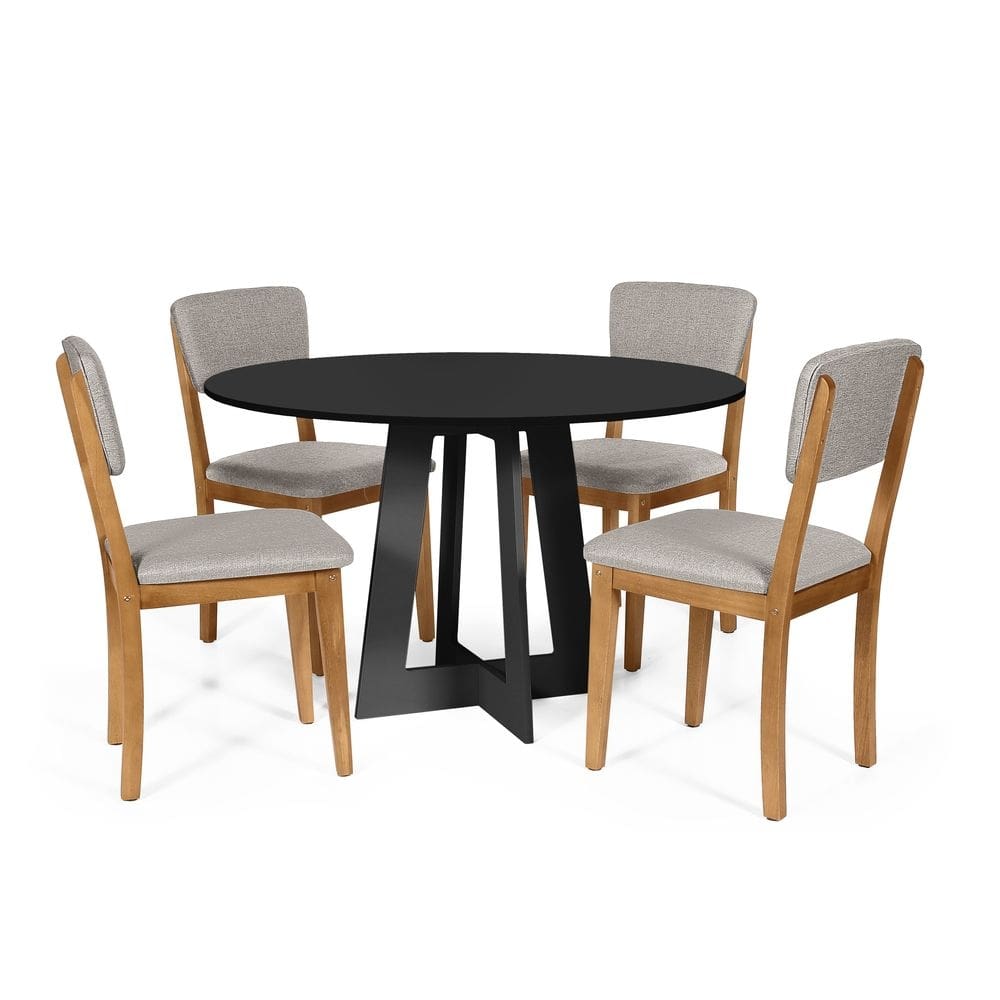 Mesa de Jantar Redonda Montreal Preta com 4 Cadeiras Estofadas Ella Cinza Claro