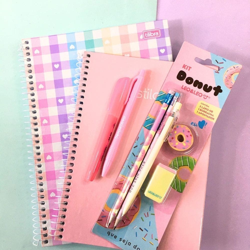 Kit papelaria tons de rosa fofa donuts