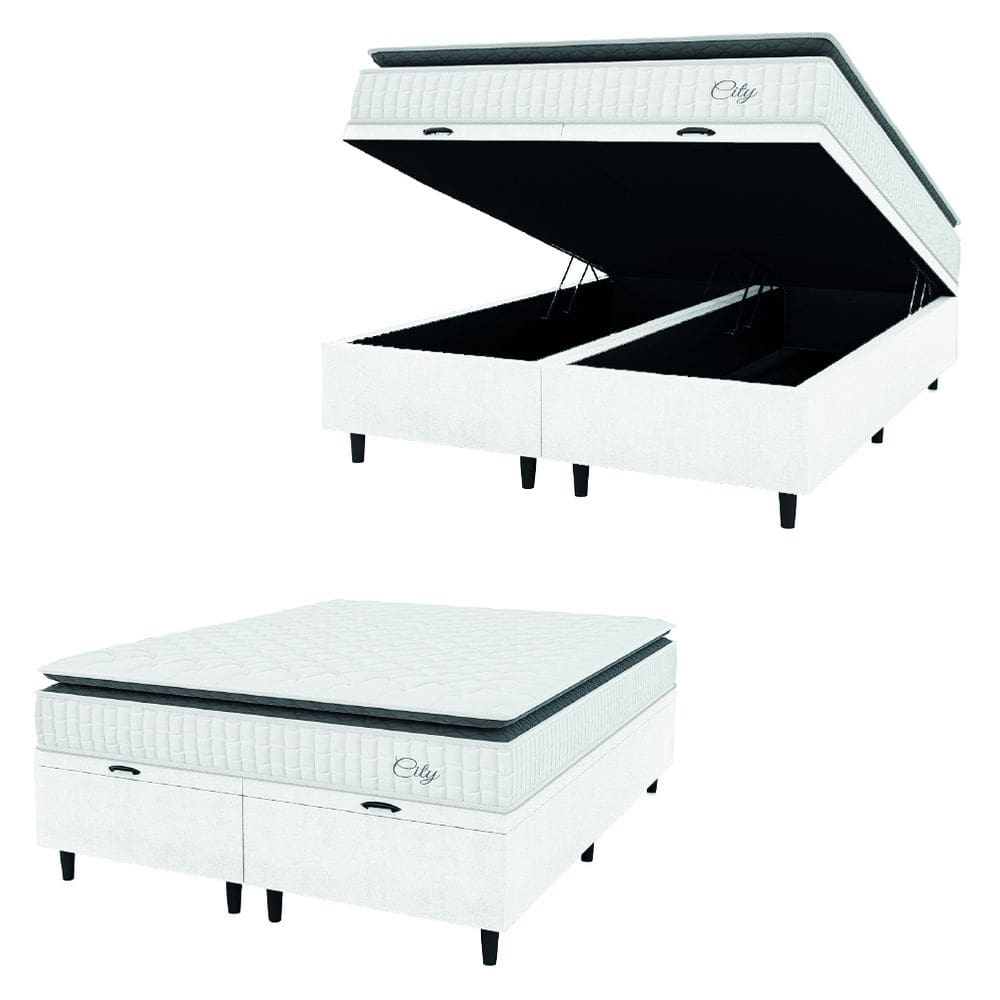 Cama Box Colchão Baú Casal Queen Molas Ensacadas City Pillow Top 158x198x64cm Linho Branco / Preto Hellen - Suporta até 110kg por Pessoa