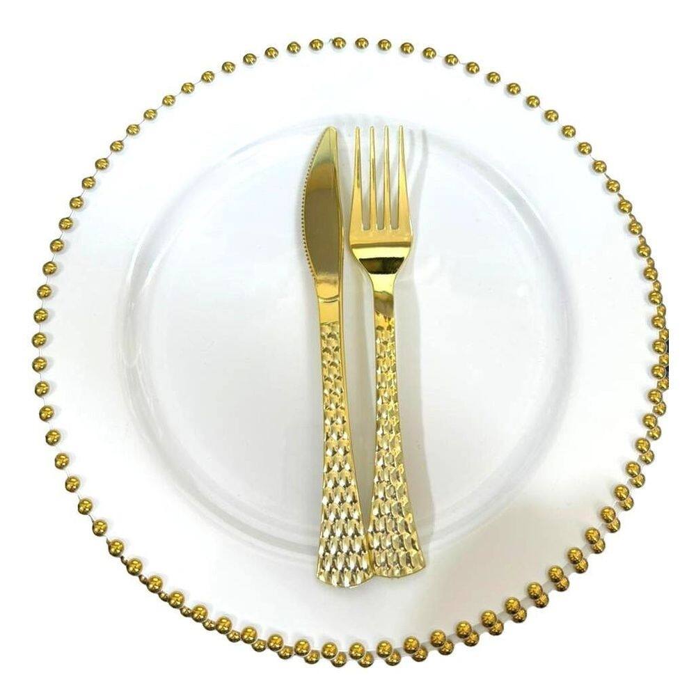 Mesa Posta 6Un Prato 26Cm Acrílico Dourado + Garfo E Faca