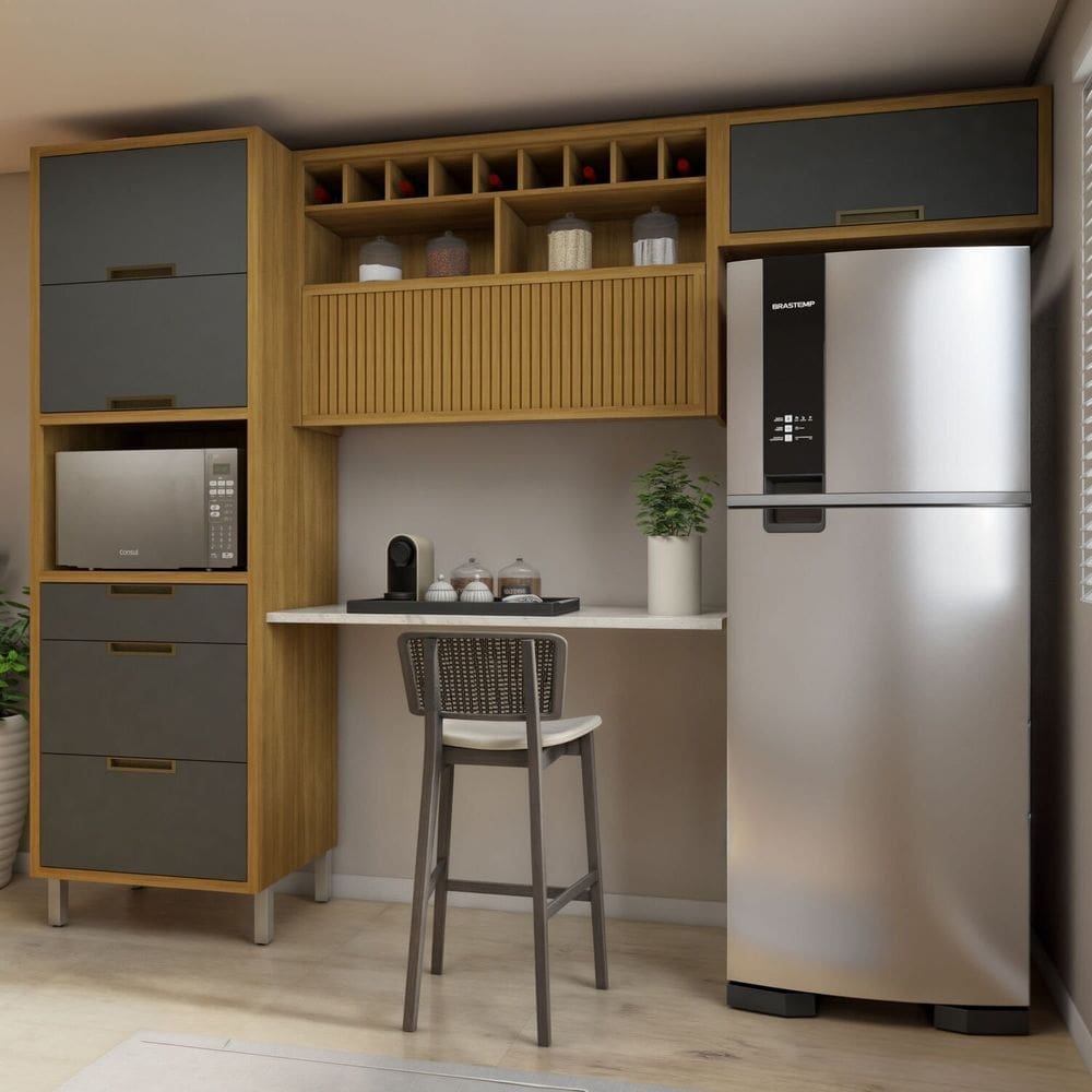 Cozinha 3 Peças Paneleiro Forno 2 Portas 3 Gavetas, Armário Aéreo 1 Porta e Armário Aéreo Geladeira Freijó/Grafite