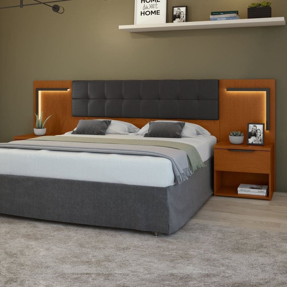 Cabeceira Casal / Queen 160cm 2 Mesas de Cabeceiras com Led Calitan Frassino/Preto Fosco