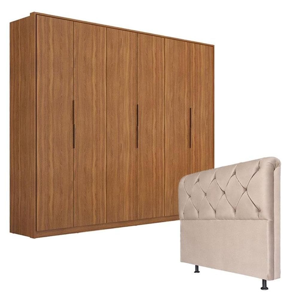 Guarda Roupa Atrice 6 Portas Amêndola com Cabeceira Daiana 160 cm Marfim – Demartêz