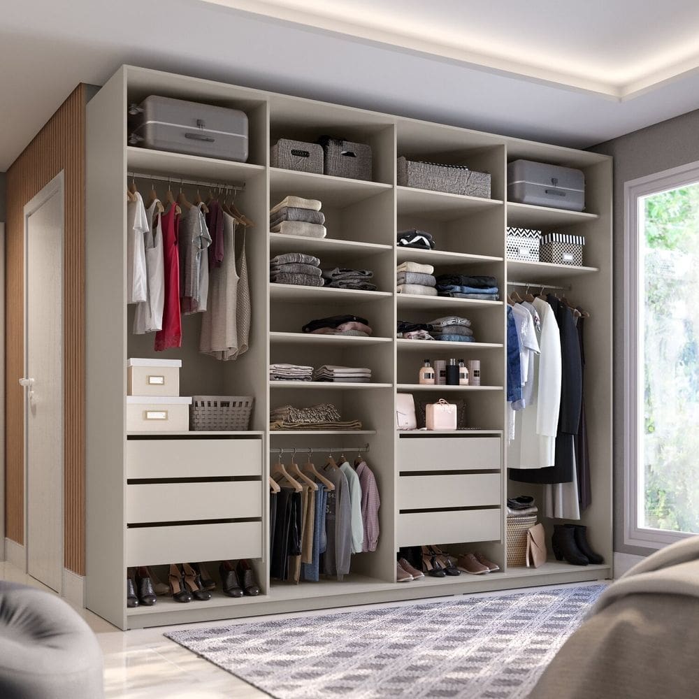 Closet Casal em Bp 4 Vaos sem Portas 6 Gavetas Sion Bege
