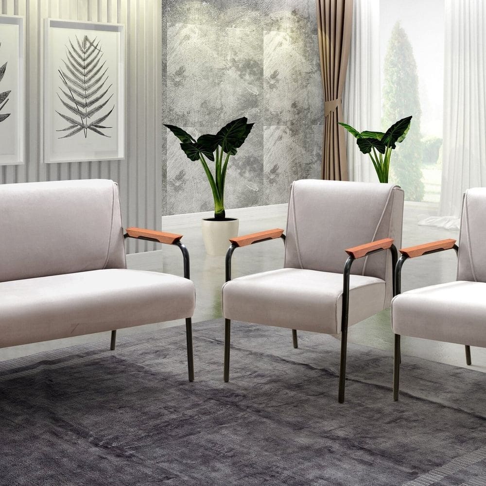 Conjunto com 2 Poltronas e Namoradeira Decorativa Jade Sala de Estar Cinza Capuccino