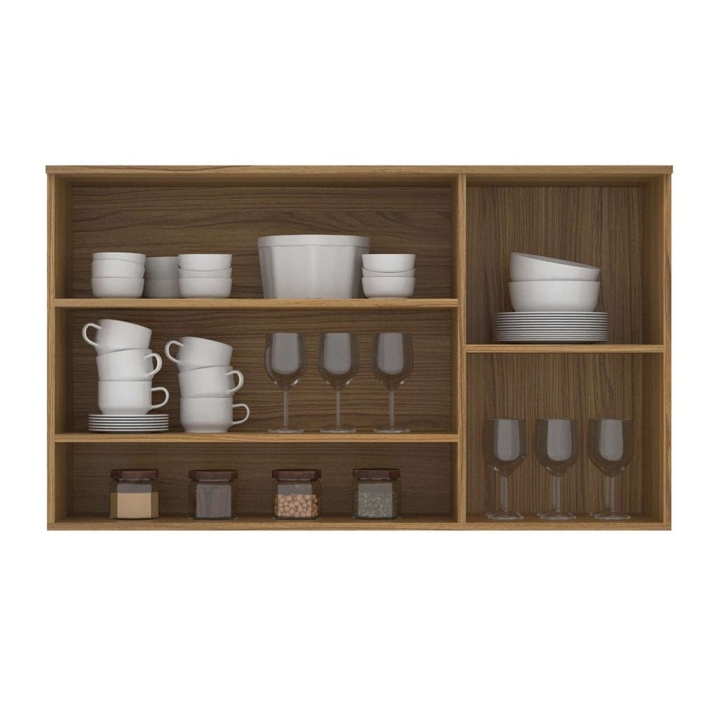 Armário Aéreo com 3 Portas, Duas Emolduradas de Vidro e com Nicho Ipê