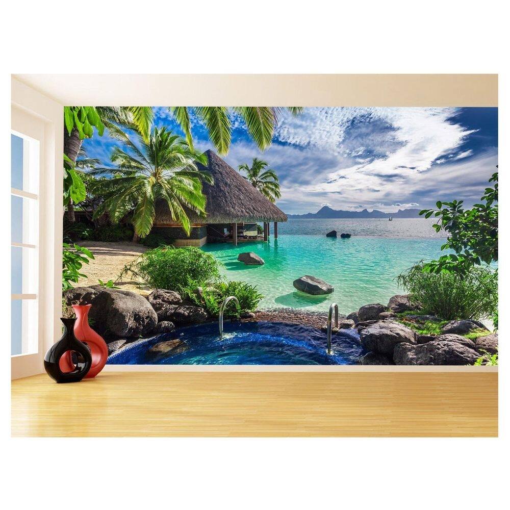 Papel De Parede Coqueiros Praia Mar Azul Água 3,5M Npr285