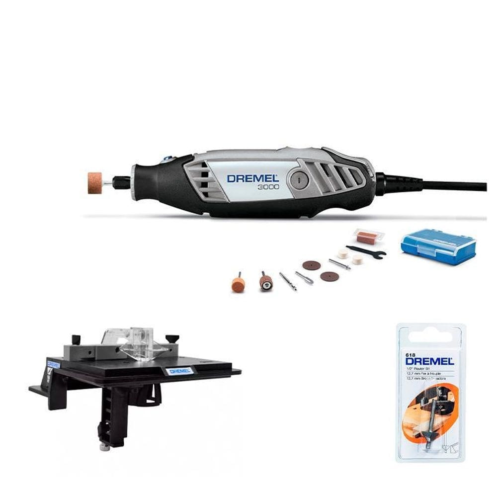 Kit micro retifica dremel 3000 220v + suporte tupia de mesa 231 + fresa 618 para chanfrar 1/2