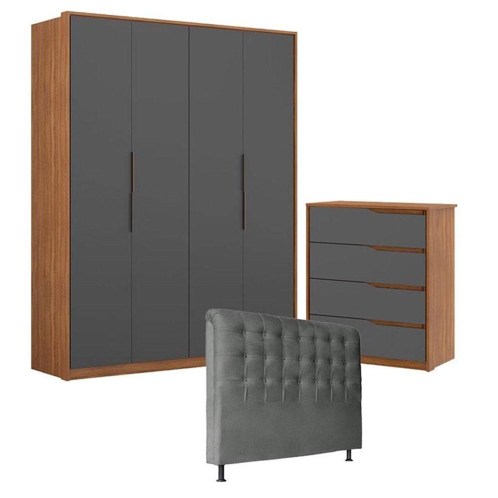 Guarda Roupa Attore 4 Portas e Cômoda Atria Amêndola Grafito com Cabeceira Ana 140 cm Cinza – Demartêz