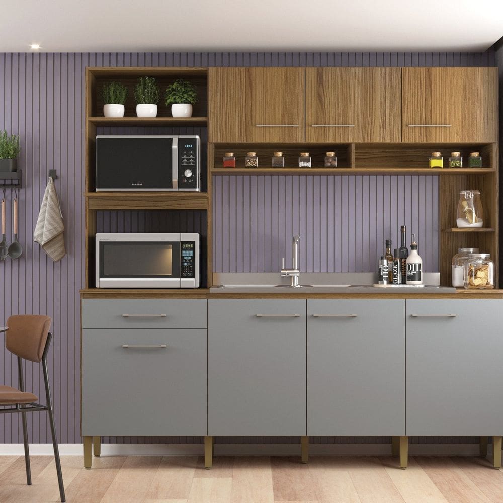 Cozinha Compacta 7 Portas e 1 Gaveta Ipê/Griseo